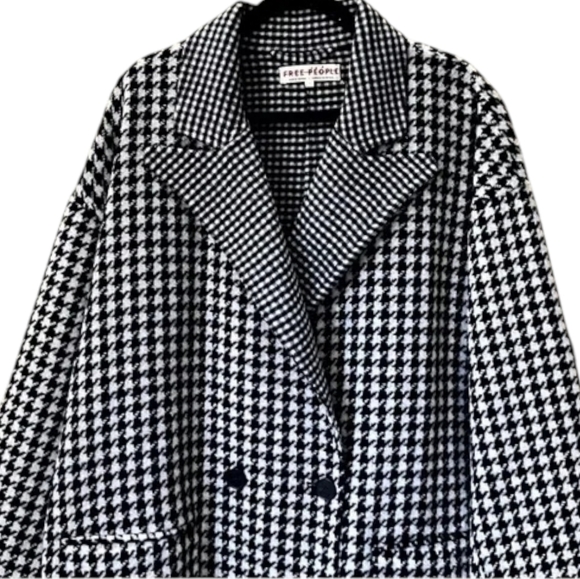 Free People Houndtooth Chelsea  Long Coat  Laine Wool Black And White Overcoat - Picture 3 of 9